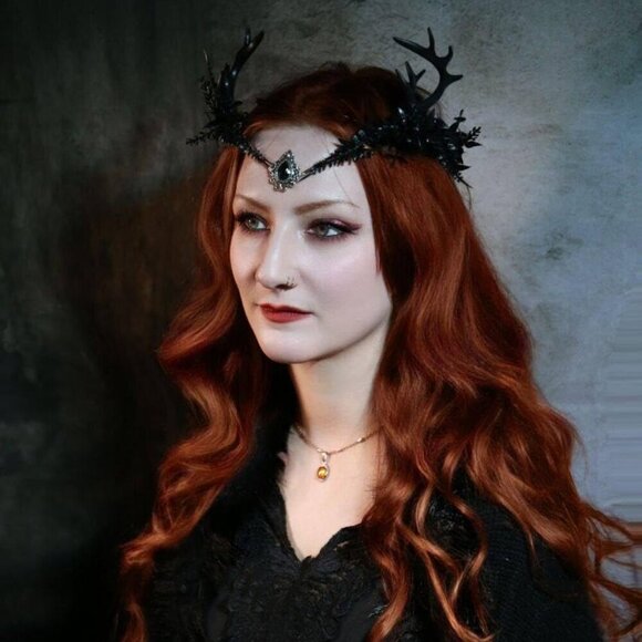Black Flower Antler Crown Gothic Elf Headpiece Renaissance Faire Accessory main image 6